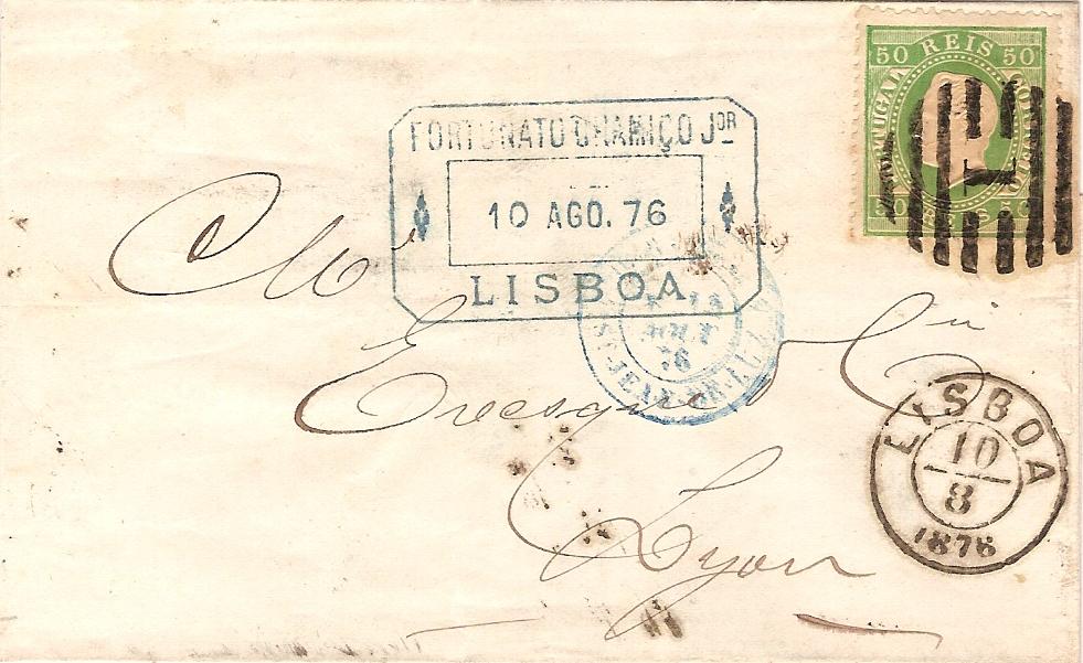 041.PL12.081.fb
10.08.1876
Capa de carta circulada de Lisboa para Lyon, franquiada com selo de 50 rÃ©is (CE 41) do tipo I em papel liso e denteado 12 1/2, correspondente ao porte simples de uma carta com peso atÃ© 15 gramas com destino a FranÃ§a. Selo obliterado com carimbo de barras 3:2:3 Nr. 1 de Lisboa. Carimbos datados de Lisboa (duplo cÃ­rculo), de trÃ¢nsito e de chegada (15.08.1878).

