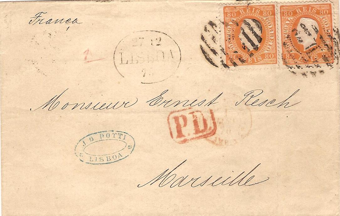042.PL13.080.fb
27.12.1875
Capa de carta circulada de Lisboa para Marseille (FranÃ§a), franquiada com dois selos de 80 rÃ©is (CE 42) do tipo I em papel liso e denteado 13 1/2, correspondente ao duplo porte de uma carta com o peso compreendido entre 10 e 20 gramas. Selos obliterados com carimbos de barras 3:2:3 Nr. 1 de Lisboa. Carimbos datados do perÃ­odo prÃ©-adesivo GM-LSB 26 de Lisboa, de trÃ¢nsito e de chegada (02.01.1876).
Certificado - Kretzschmar
