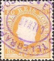 042.PP12.004.fb
CE 42
80 rÃ©is
Tipo I
P.Porcelana
Dent. 12 1 /2
C.Telegrafia (oval) "CALHARIZ" (roxo)
