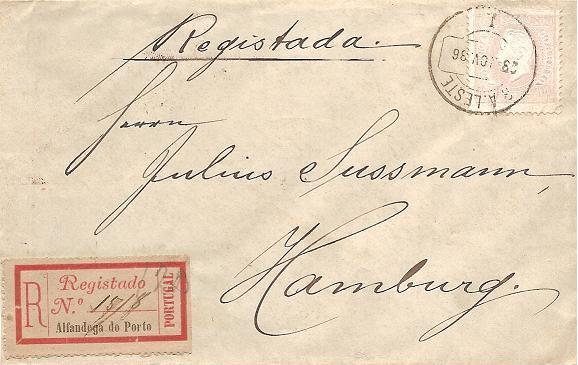 043.PP12.050.fb
28.11.1886
Sobrescrito circulado do Porto (AlfÃ¢ndega) para Hamburg (Alemanha), registado, franquiado com selo de 100 rÃ©is (CE 43) do tipo II em papel porcelana e denteado 12 1/2, correspondente ao porte simples e prÃ©mio de registo de uma carta atÃ© 15 gramas com destino Ã  Alemanha. Selo obliterado com carimbo datado de AmbulÃ¢ncia Postal ""R.A.LESTE / I". Carimbo datado chegada (01.12.1886).

