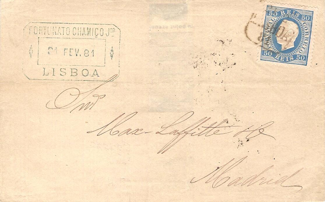 050.PL13.081.fb
21.02.1881
Capa de carta circulada de Lisboa para Madrid (Espanha), franquiada com selo (CE 50) do tipo II em papel liso e denteado 13 1/2, correspondente ao duplo porte de uma carta com o peso comprendido entre 15 e 30 gramas com destino a Espanha. Selo obliterado com carimbo datado da Ã©poca prÃ©-adesiva GM-LSB 22 "LISBOA". Carimbo datado de chegada.
