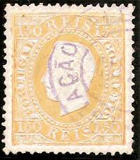 051.pp13.004.iv
CE 51
150 rÃ©is
Tipo III
P. Porcelana
Dent. 12 1/2
C.Telegrafia (oval) "CALHARIZ" (violeta)
